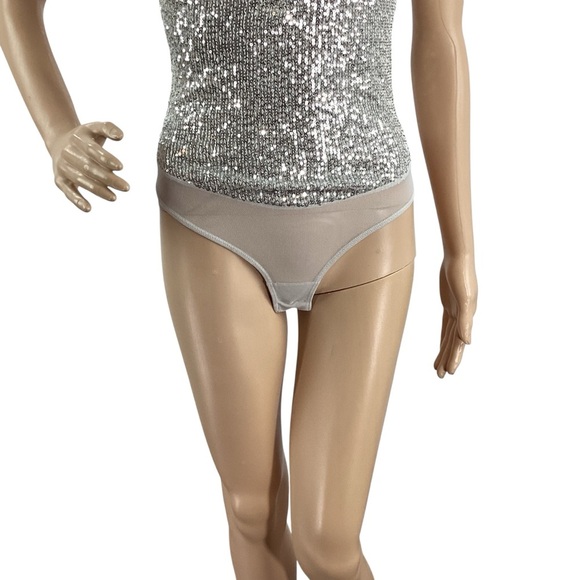 Free People Intimately Sparks Fly Silver Sequin Thong Bodysuit Size S - Picture 3 of 7
